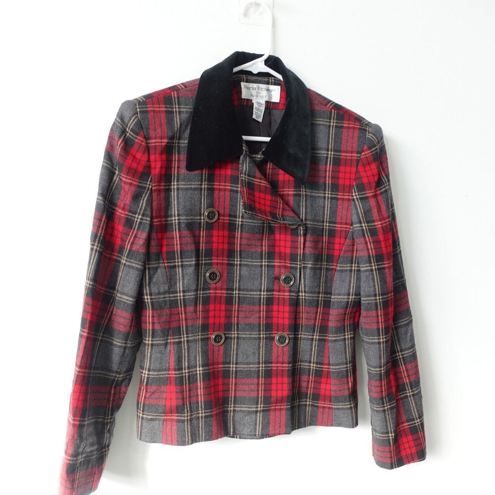 Vintage Y2K Crop Blazer Womens M Black Red Preppy Steampunk Plaid Rena Rowan USA